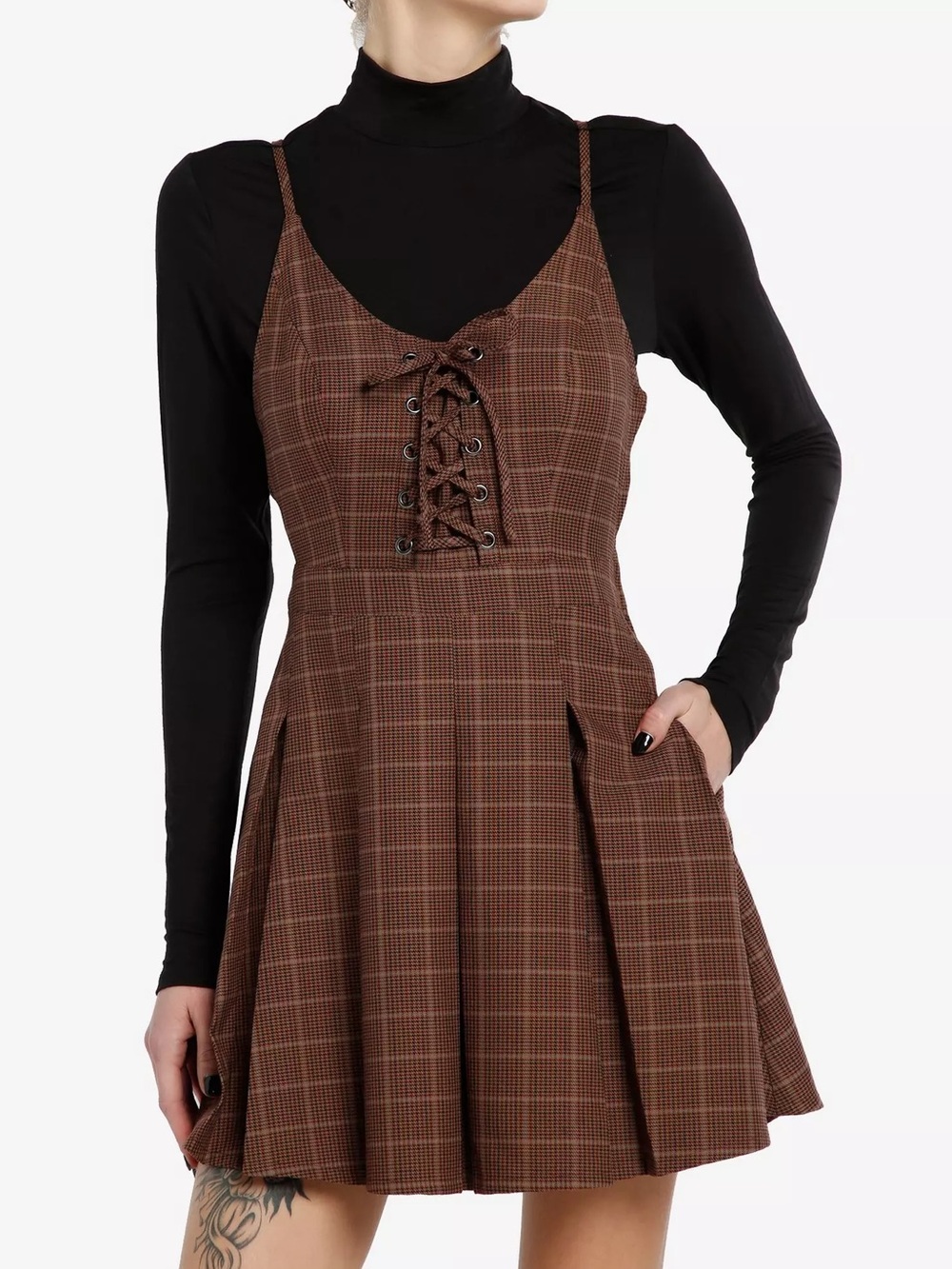Plaid Lace-Up Brown Mini Dress